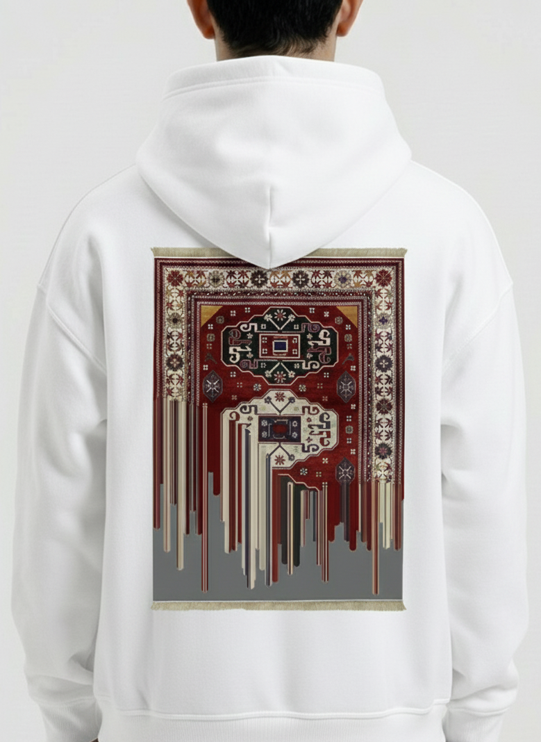 White hoodie with a colorful graphic on the back against a white background