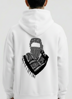 White hoodie with a black graphic of a person wearing a headscarf on the back, on a white background.