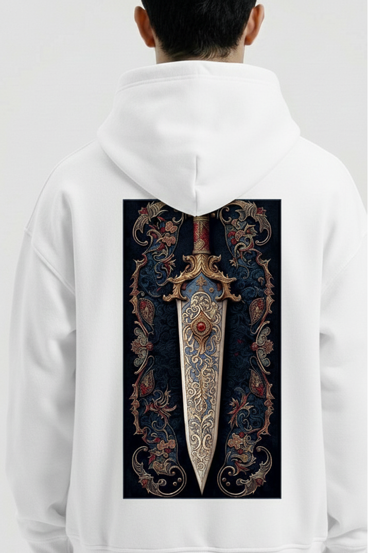 White hoodie with a detailed sword design on the back, worn by a person.