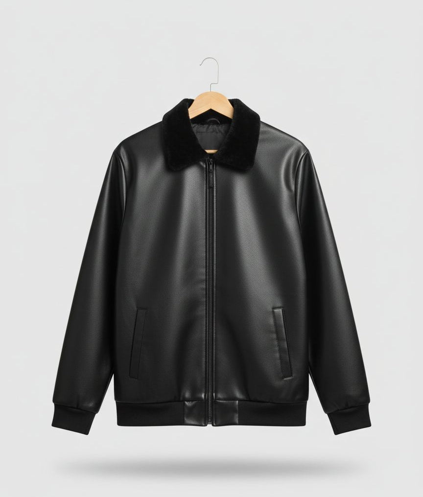 Men's Black Faux Leather Bomber Jacket with Contrast Knit Sleeves