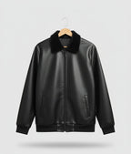 Men's Black Faux Leather Bomber Jacket with Contrast Knit Sleeves