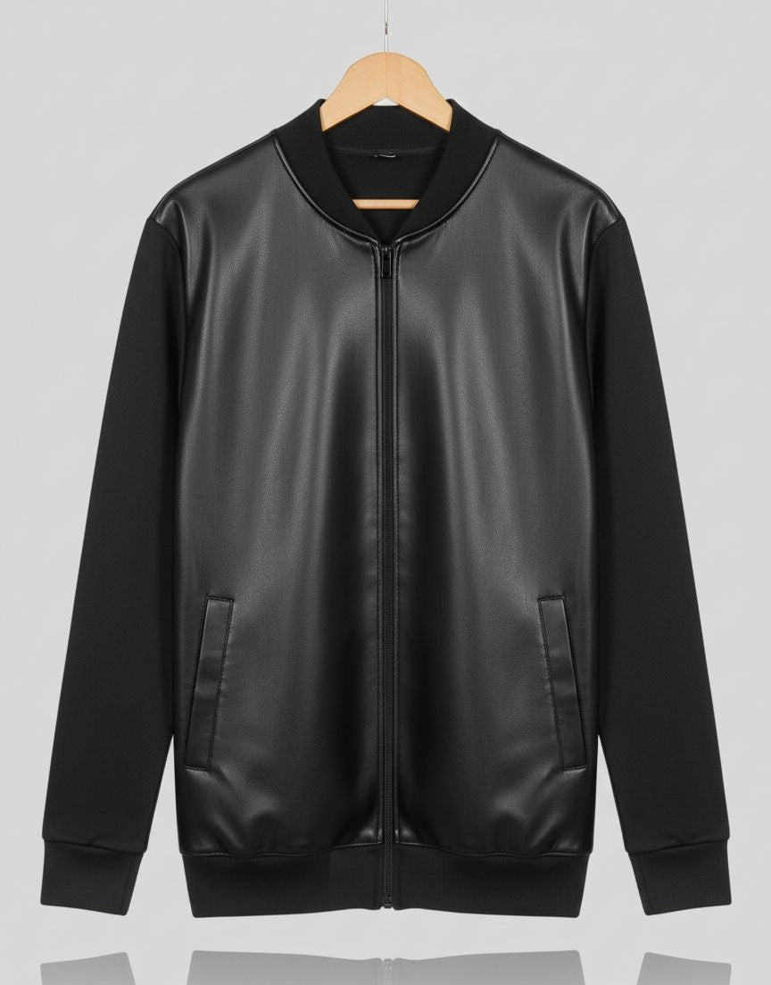 Men's Black Faux Leather Bomber Jacket with Contrast Knit Sleeves