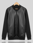 Men's Black Faux Leather Bomber Jacket with Contrast Knit Sleeves